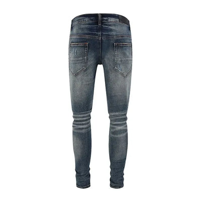 Fashionable new men's jeans with pleated elastic slim fit, retro washed blue jeans, high street designer hip-hop brand pants, ho