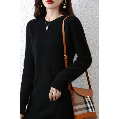 Knit Dresses for Women's Fashion Sweater 100% Merino Wool Winter Ladies O-Neck Warm Knitted Dress Fall Female Casual Black Skirt