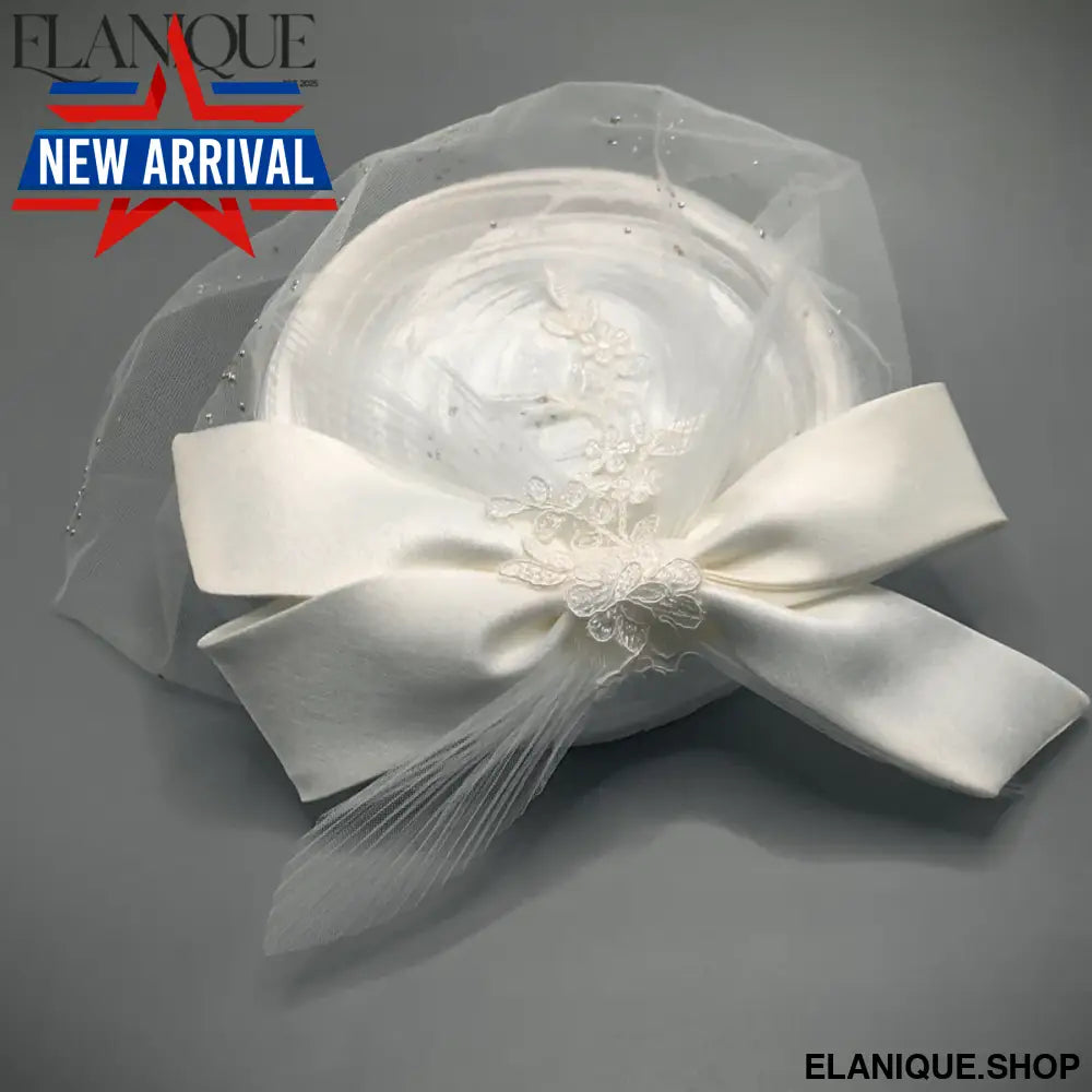 Elegant White Bridal Fascinator Hat – Lace Veil Bow Pillbox Cap
