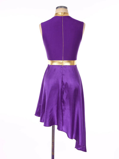 Women Lyrical Dance Dress Color Block Patchwork Invisible Zipper Back Flowy Asymmetrical Hem Sleeveless Dresses Dancewear