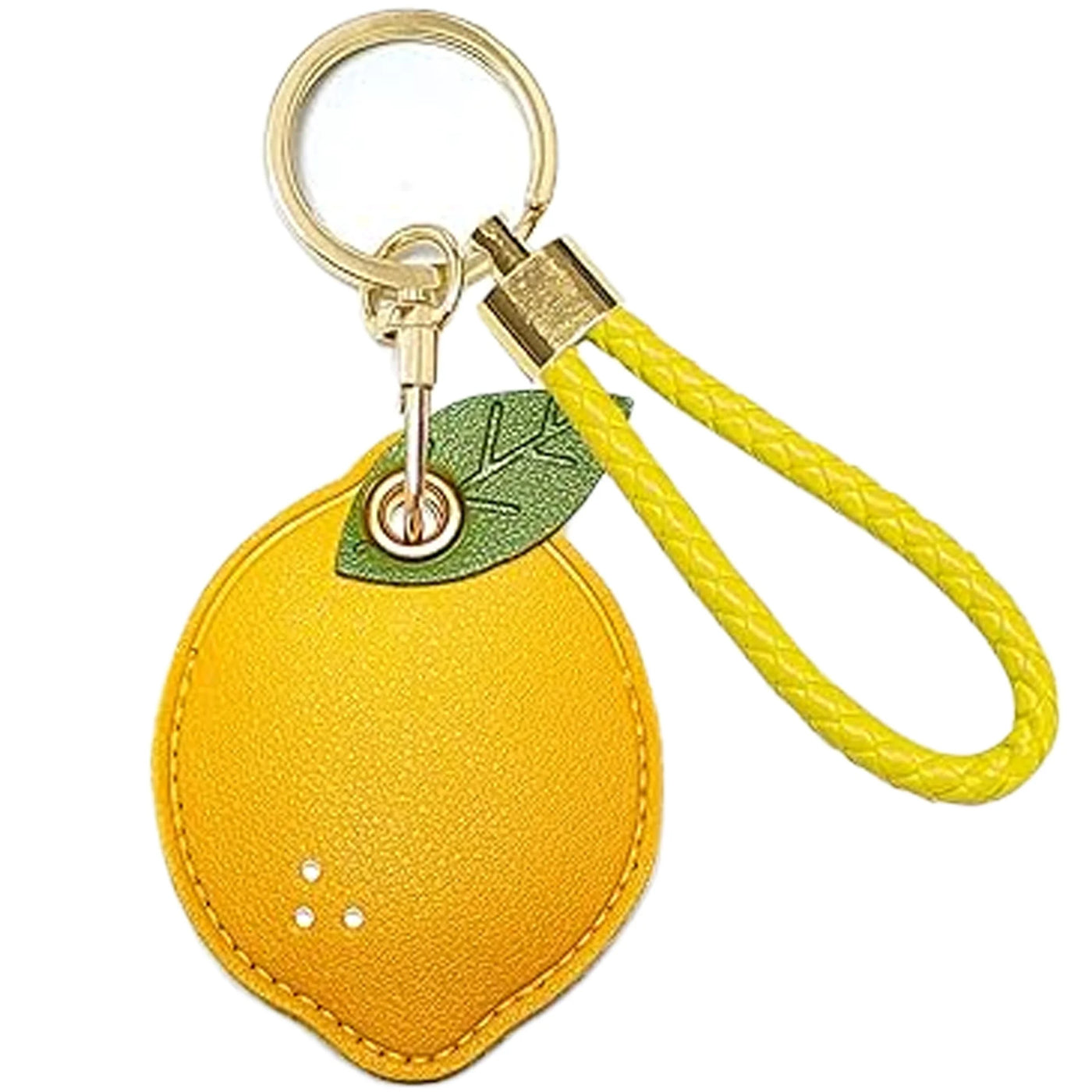 Yellow lemon AirTag keychain with green leaves, hand straps, anti-scratch leather case