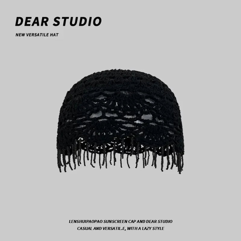 Personalized Beaded Fringed Knitted Beanies for Women Summer Autumn Thin Hollow Versatile Casual Retro Ethnic Style Pullover Hat