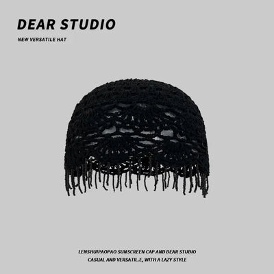 Personalized Beaded Fringed Knitted Beanies for Women Summer Autumn Thin Hollow Versatile Casual Retro Ethnic Style Pullover Hat