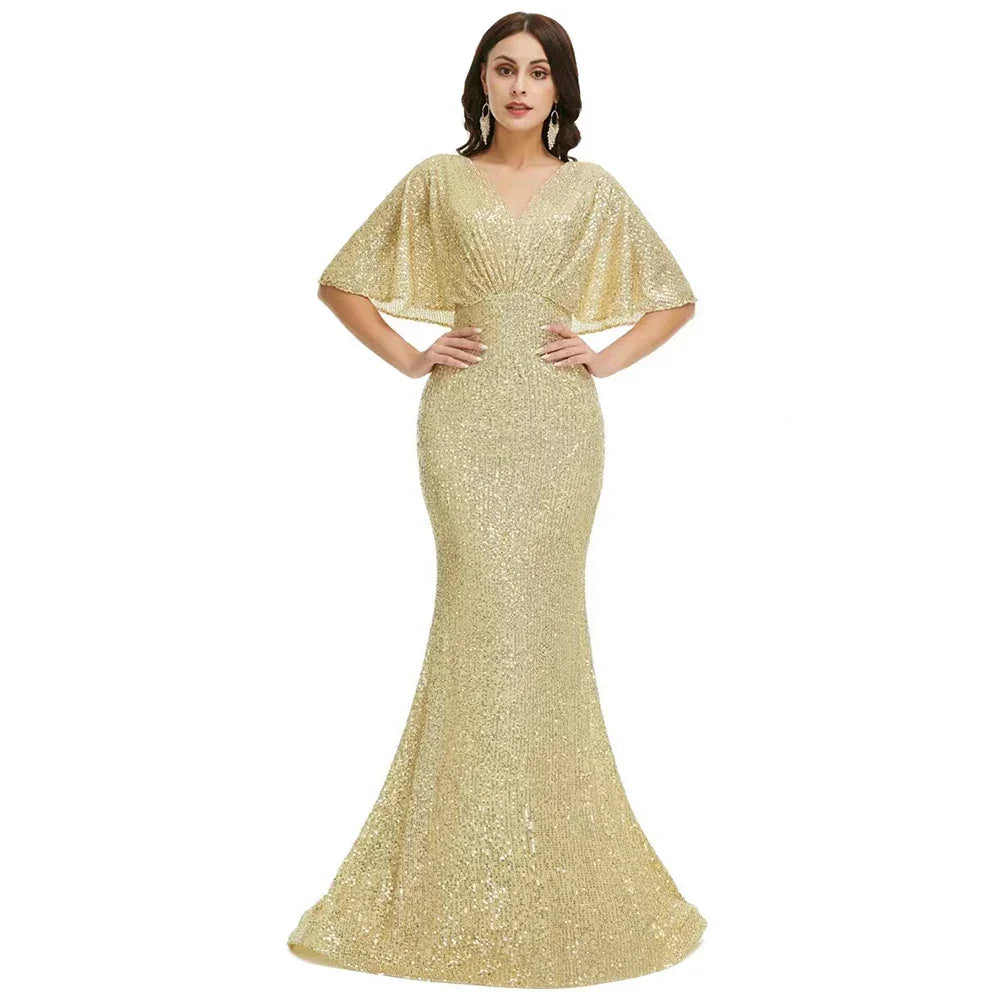 Elegant Sequin Evening Dresses for Women 2025 V Neck Mermaid Cape Sleeves Plus Size Wedding Prom Formal Party Gowns Customized