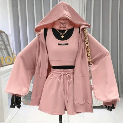 Shorts Three 3 Piece Sets Women Casual Vest Drawstring Short Hooded Zipper Jacket Sportswear Suits Y2k Streetwear Sports Hoodies