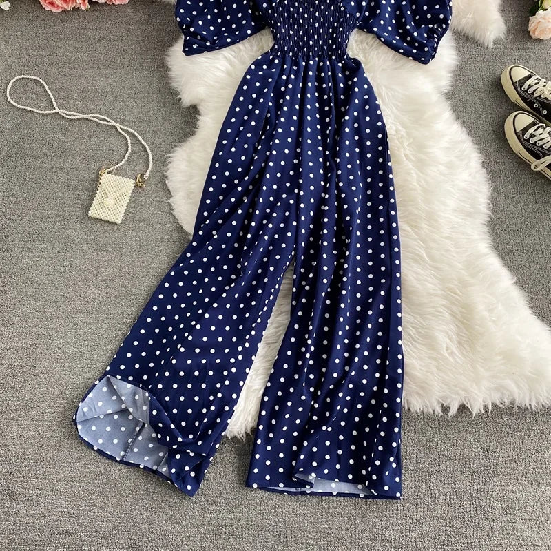 V Neck Sexy Dolman Sleeves Waist Slim Polka Dot Print Jumpsuit Women Wide Leg Trousers Jumpsuit