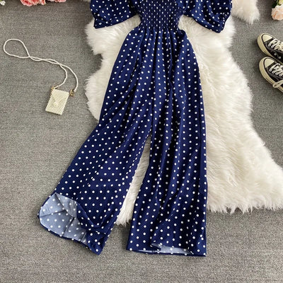 V Neck Sexy Dolman Sleeves Waist Slim Polka Dot Print Jumpsuit Women Wide Leg Trousers Jumpsuit