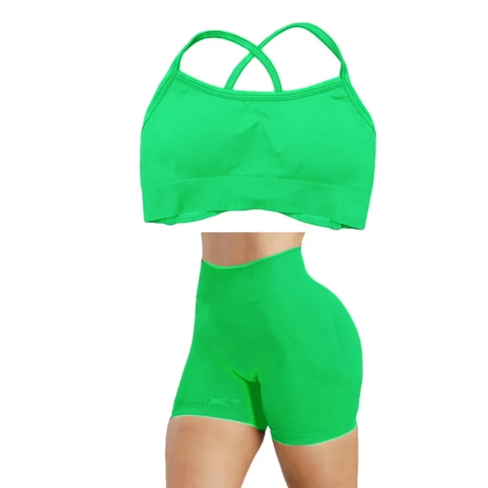 2025 Yoga High Quality Set Solid Color Women's Sports Hip Lift Shorts Cross Bra Shockproof Backrest Sling 2-piece Set Summer