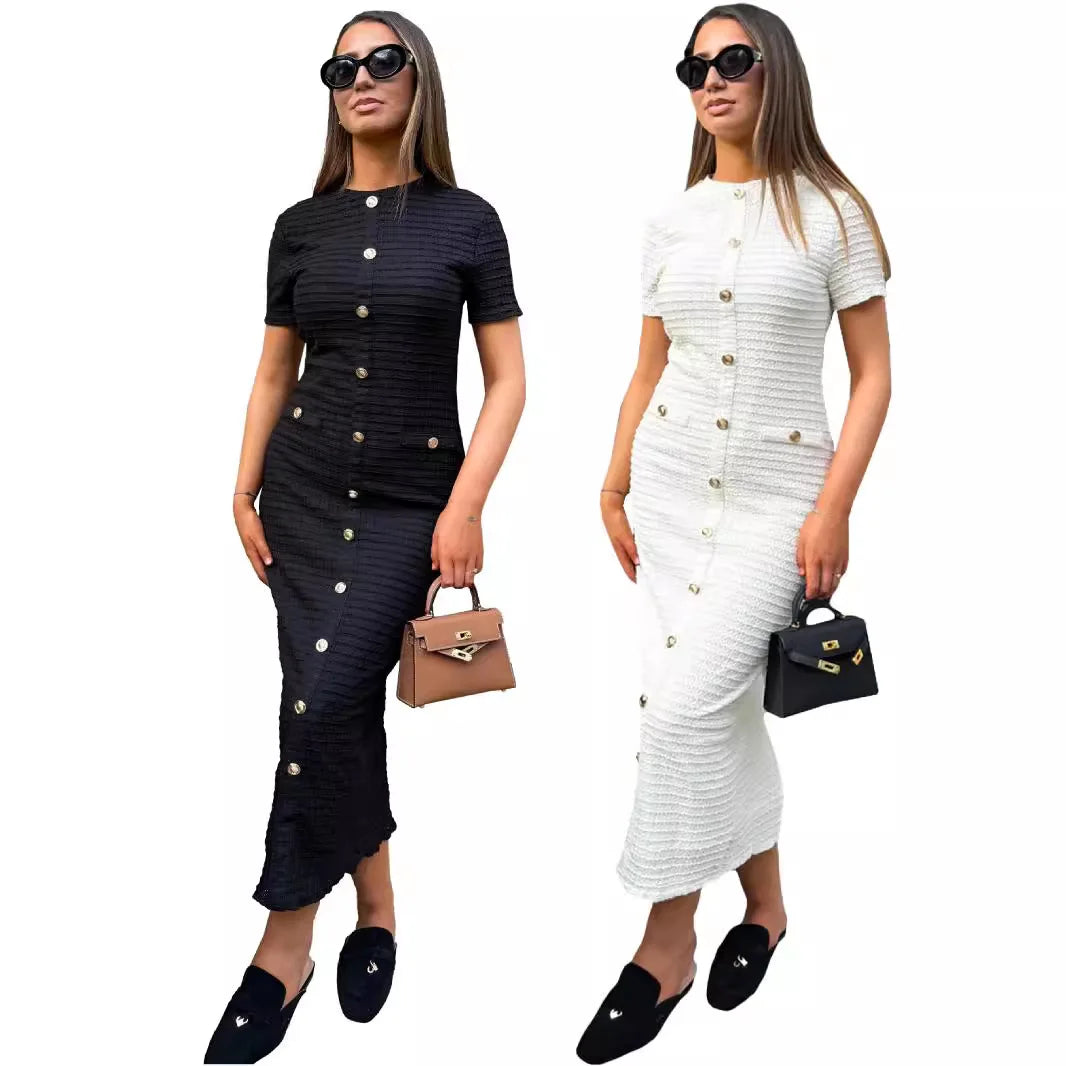 Knitted Dress Single Breasted Short Sleeve Women Dresses Solid Sexy Slim Fit Wrap Buttocks Spliced Buttons Ankle Length