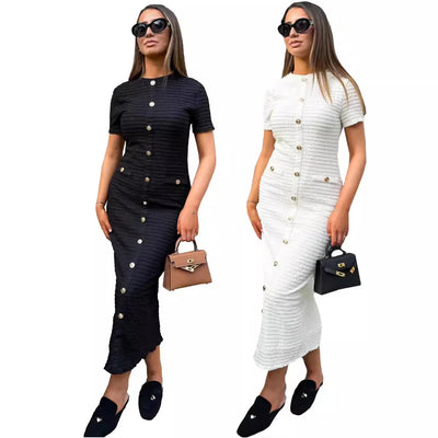 Knitted Dress Single Breasted Short Sleeve Women Dresses Solid Sexy Slim Fit Wrap Buttocks Spliced Buttons Ankle Length