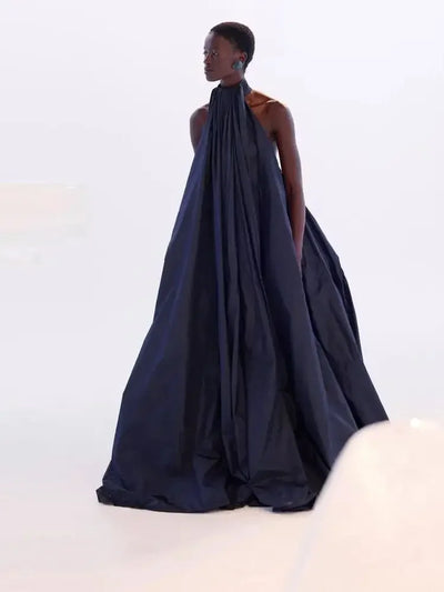 Modest Dark Navy Blue Taffeta Loose Robe Halter A-line Long Women Formal Party Dresses Female Maxi Dress