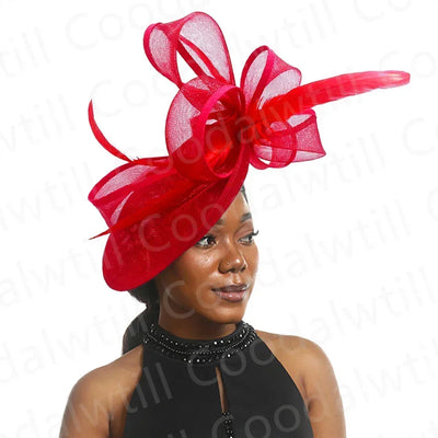 Royal Ascot Red Hair Fascinator Veils Hat Women Church Wedding Fascinaors Hat Headband Feather Derby Headpiece Ladies Chapeau