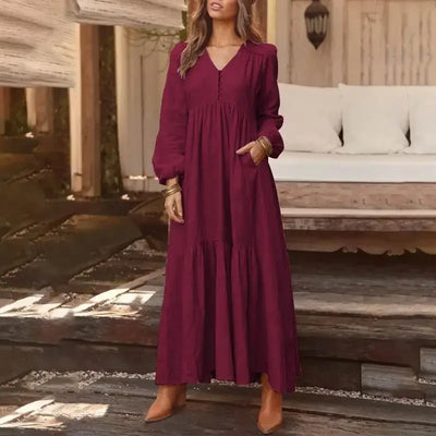 Vintage Cotton Linen Long Sleeve Dress Women Casual Autumn Maxi Robe V Neck Tiered Loose Vestido