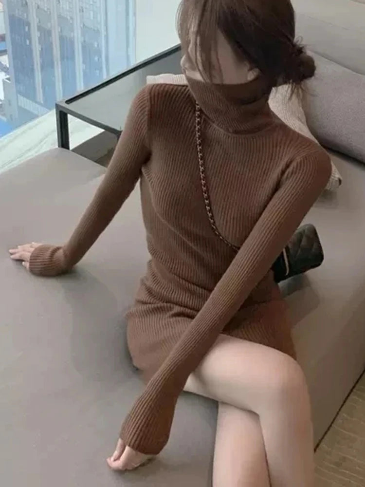 Elegant Turtleneck Knitted Women Dress Elastic Long Sleeve Above Knee vestidos mujer Basics Solid Slim-fit Dresses Female