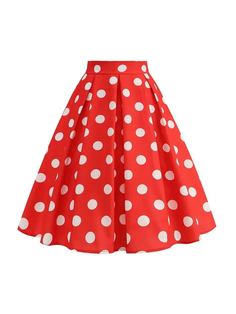 Summer Casual Women Midi Skirt Polka Dot High Waist Retro Vintage 50s Pleated Party Skirts