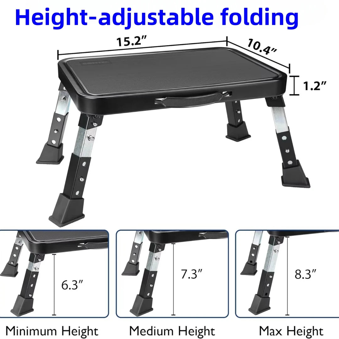 3-step adjustable folding step stool, foldable step stool, safer metal step stool for bedrooms, kitchens, offices, SUVs, etc. fo