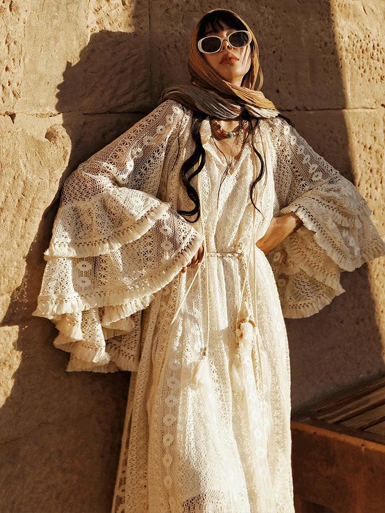 TIYIHAILEY Lace Embroidery Spring Women Dresses Full Flare Sleevev Beige Loose Ladies Clothing Fashion Long Maxi 2025 2pcs New