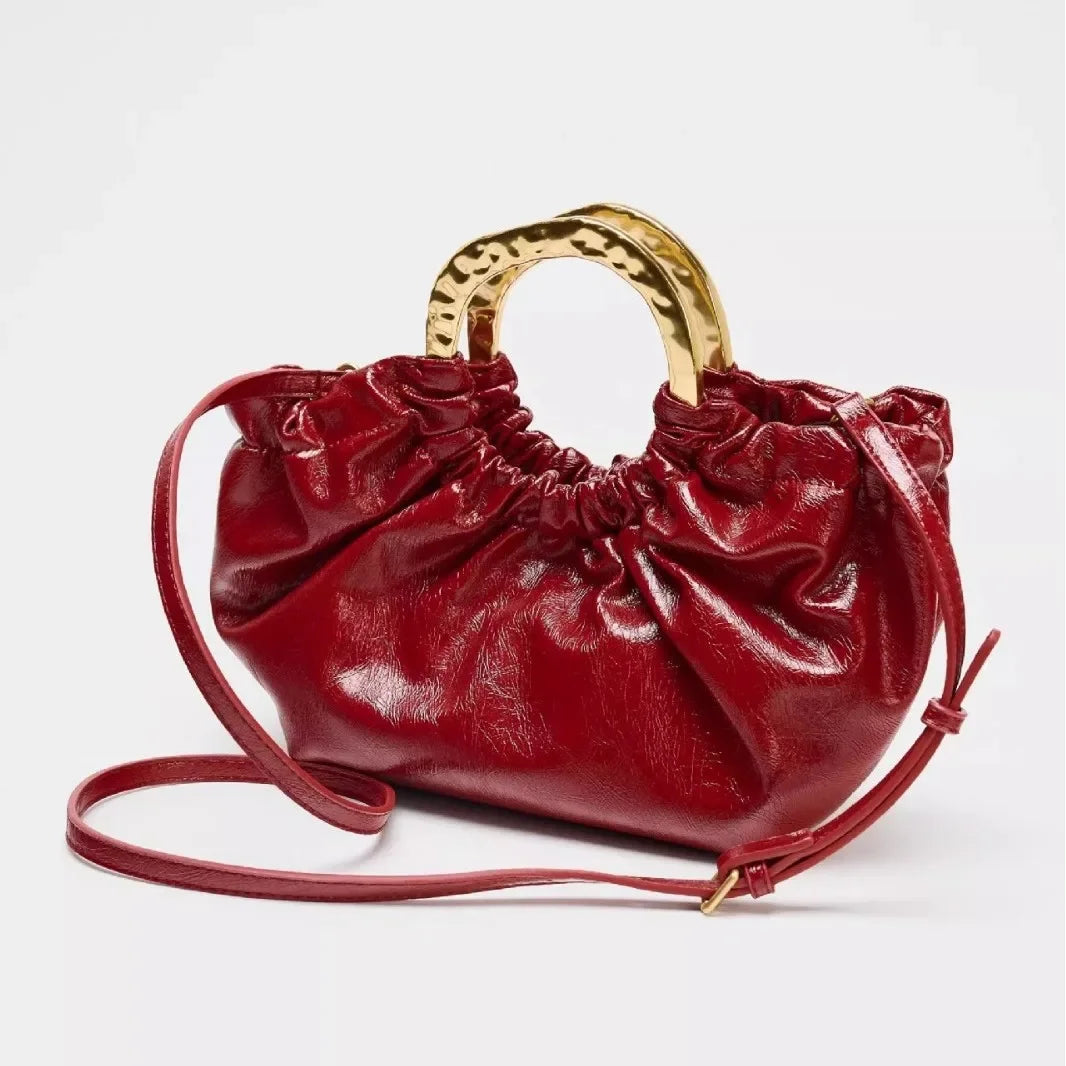 Fashion Ruched Women Handbags Designer Metal Handle Hand bag Luxury Oil Wax Pu Leather Shoulder Crossbody Bags Small Tote Purses