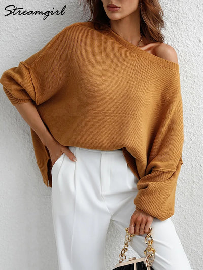 Fashion Oversized Sweaters For Women 2025 Autumn Loose O Neck Knit Sweater With Split Pull Knitted Pullover Women Oversize Grey