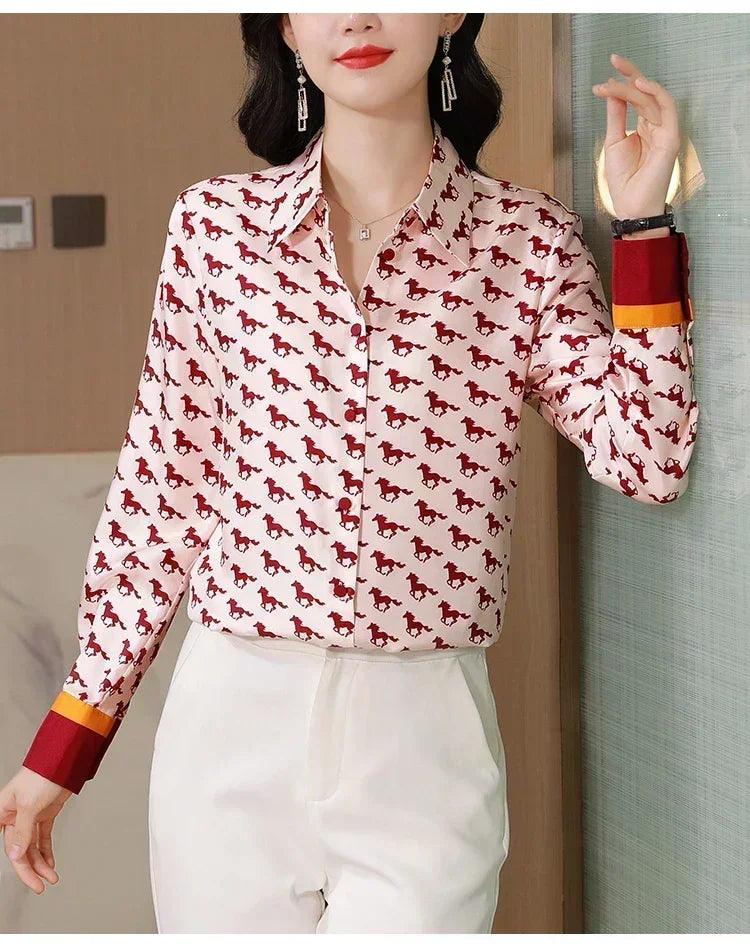 Women satin silk shirts g horse print