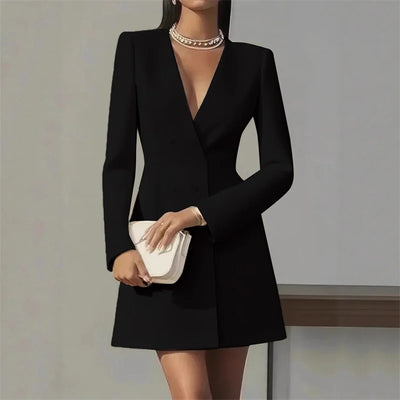 Women French Style Solid Blazers Dress Sexy Low Chest Autumn Streetwear Elegant Fashion Long Sleeve Casual Club Party Dress 2025