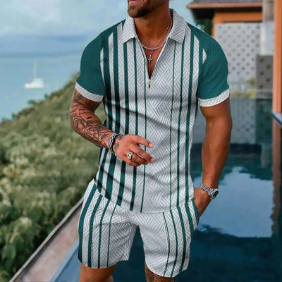 Men's Polo Shirts Short Sleeve Sets Casual Simple Style 2 Piece Outfit Fashion Zipper Tops Shorts Suit Summer Street Clothing