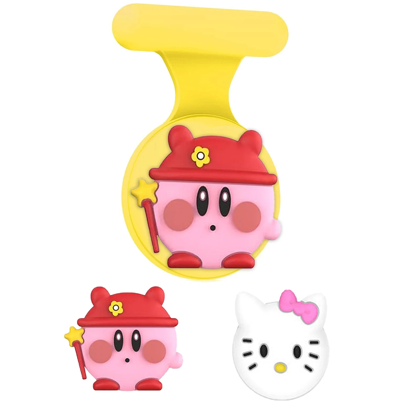 Yellow pink fireman Kirby plush keychain with Hello Kitty charm for AirTag holder