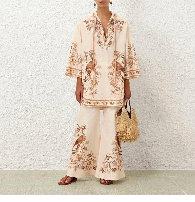White Cream Color Brown Floral Print Long Sleeve Hooded Blouse and Pants 2025