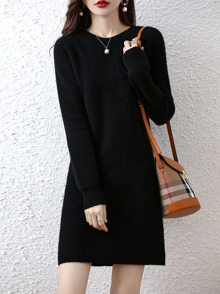 Knit Dresses for Women's Fashion Sweater 100% Merino Wool Winter Ladies O-Neck Warm Knitted Dress Fall Female Casual Black Skirt