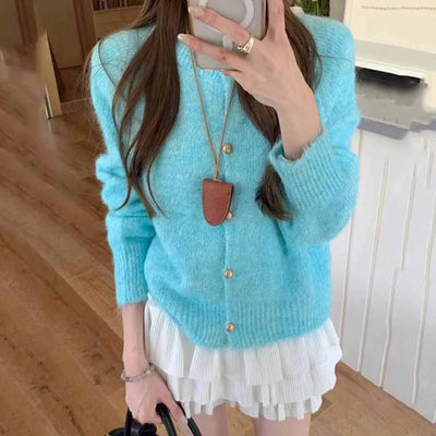 Autumn Winter Women's Knitted Jacket Solid Color Fuzzy Long Sleeve Button Sweater Cardigan Casual O-Neck Loose Soft Knitwear