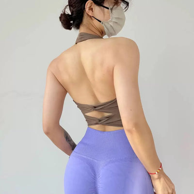 Women's Halterneck Sports Bra with Detachable Chest Pad Cross Beautiful Back Yoga Underwear Tight Fitness Top