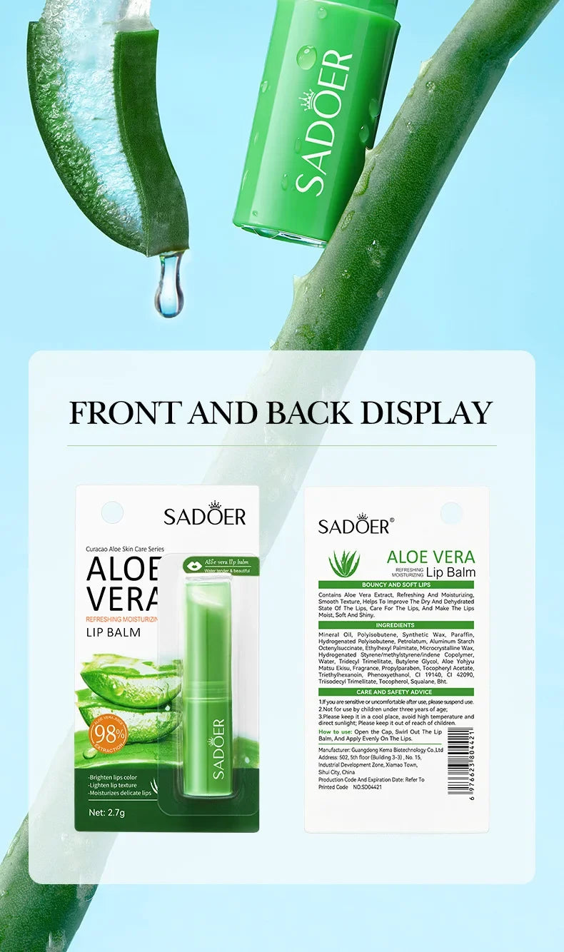 SADOER Lip Aloe Balm Nourishing, Hydrating and Moisturizing Preventing Cracking and Repairing Lips Gentle Non Irritating