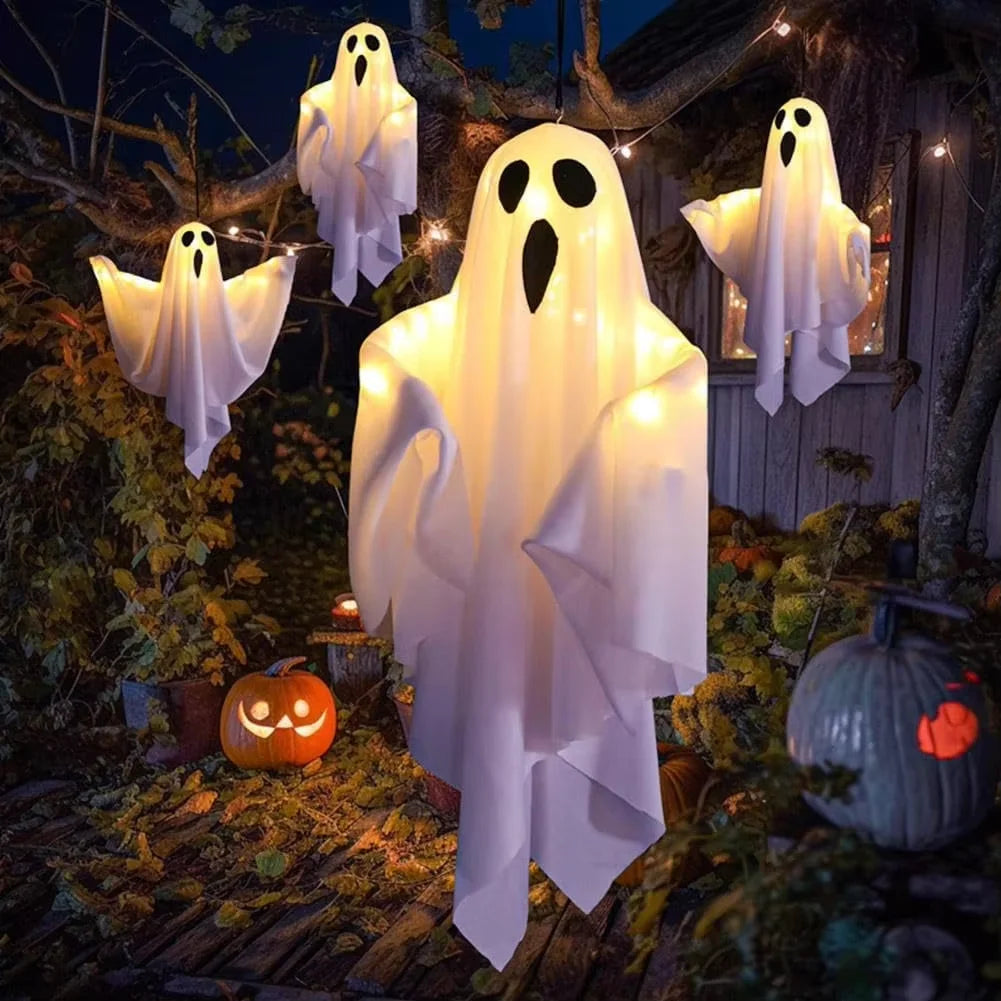 Halloween Glowing White Ghost LED Hanging Ghosts Horror Props with Fairy Light Indoor Outdoor Haunted House Halloween Decoration