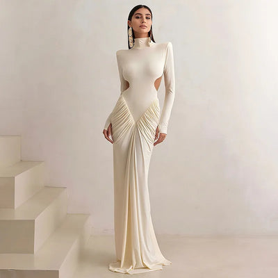 Autumn Winter Turtleneck Dress for Women Sexy Backless Slim Maxi Evening Party Dresses Fashion Ruched Long Sleeve Dress 2025