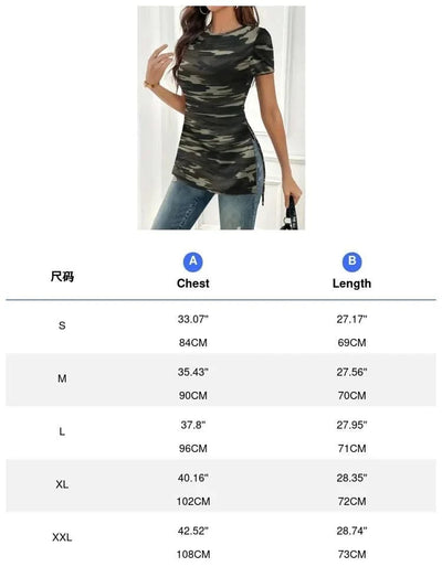 Camo Print Crew Neck Split Tunics Casual Short Sleeve Slim T-Shirt For Women