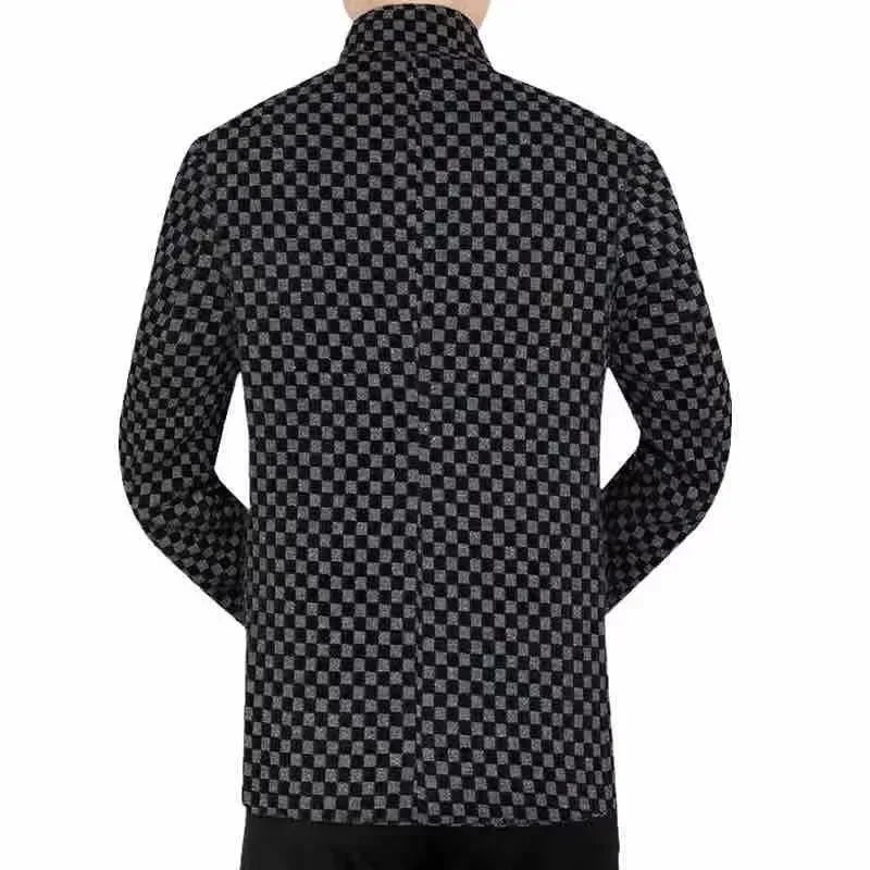 High Quality Men's Blazers Business Casual Stand Collar Woolen Jacket Classic Plaid Retro Versatile Tops Streetwear Coats
