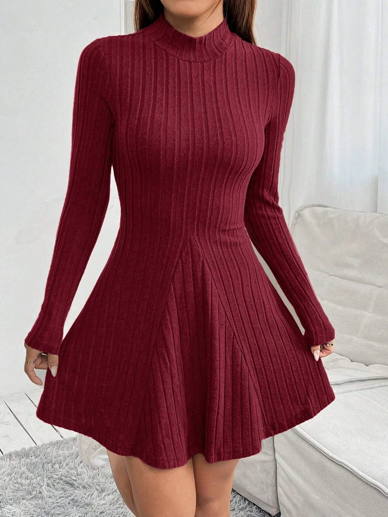 Wine red semi-turtleneck knitted dress for women, long sleeves, slim fit, waist-cinching, flared skirt, autumn and winter slimmi