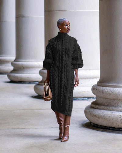 Womens Knitted Dresses High Neck Long Sleeve Sweater Dress with Split Ladies Vintage Knit Midi Dress Casual Fashion Winter