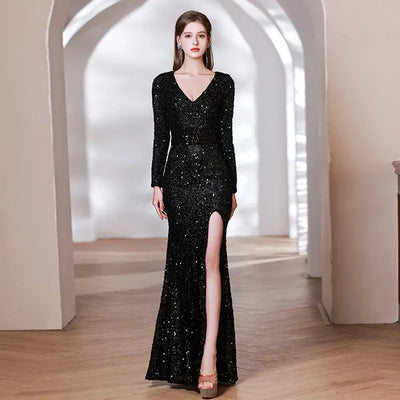 DEERVEADO Sexy Slit V Neck Black Sequins Evening Dress Women Mermaid Maxi Party Dresses Long Prom Dress