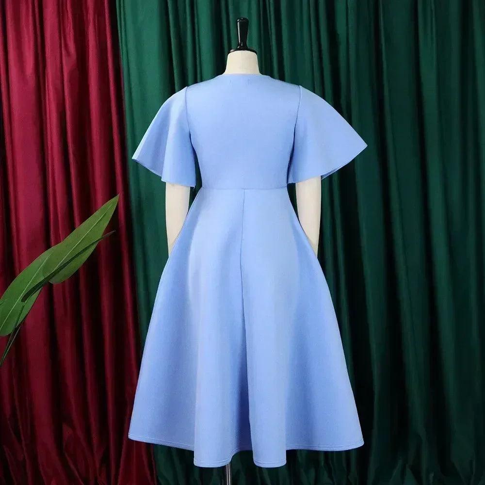 Elegant party dresses for women v neck ruffles sleeve high waisted pleated mid calf luxury birthday dinner vestidos