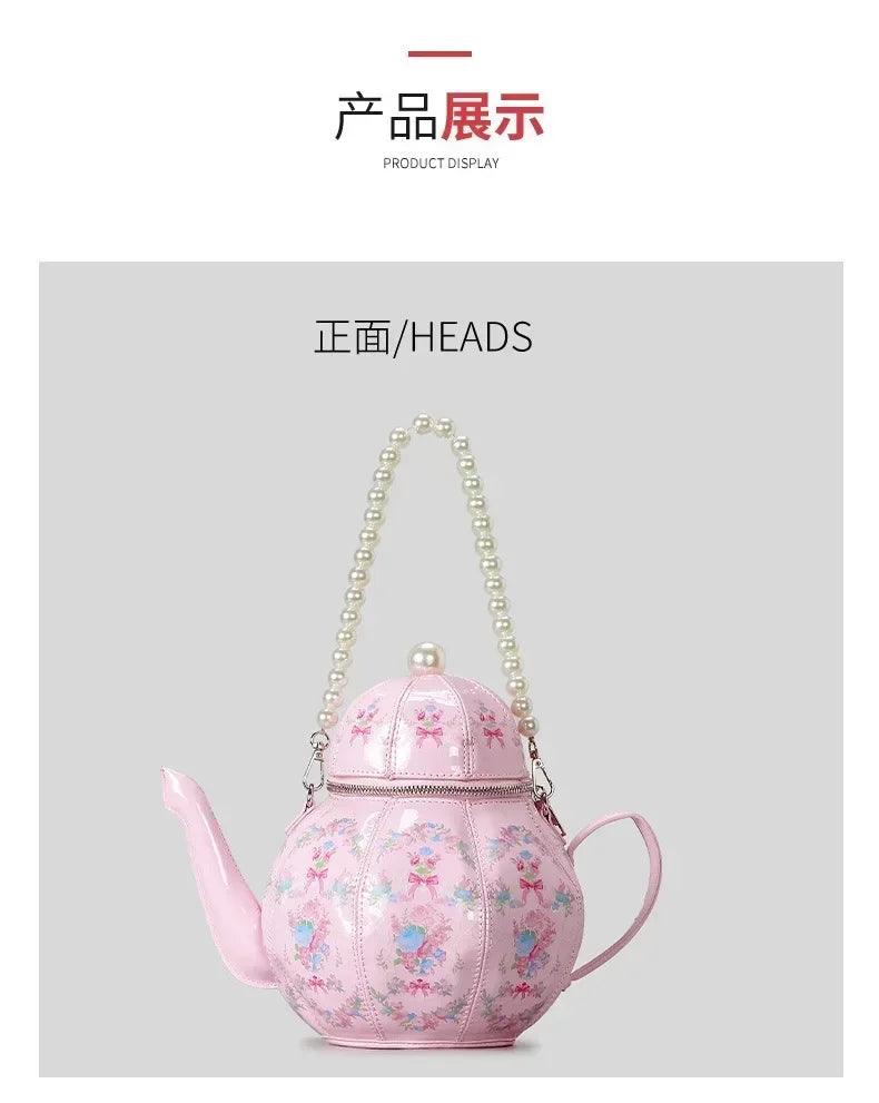 Handbags with teapot design creative vintage print for women shoulder bag pearl chains designer luxury strap