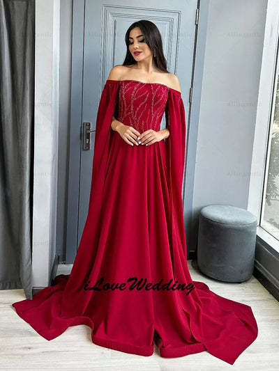 Elegant Off-the-Shoulder Red Evening Dress Sequins Long Prom Gown for Formal Occasions Women's Wedding Party Dress Customized