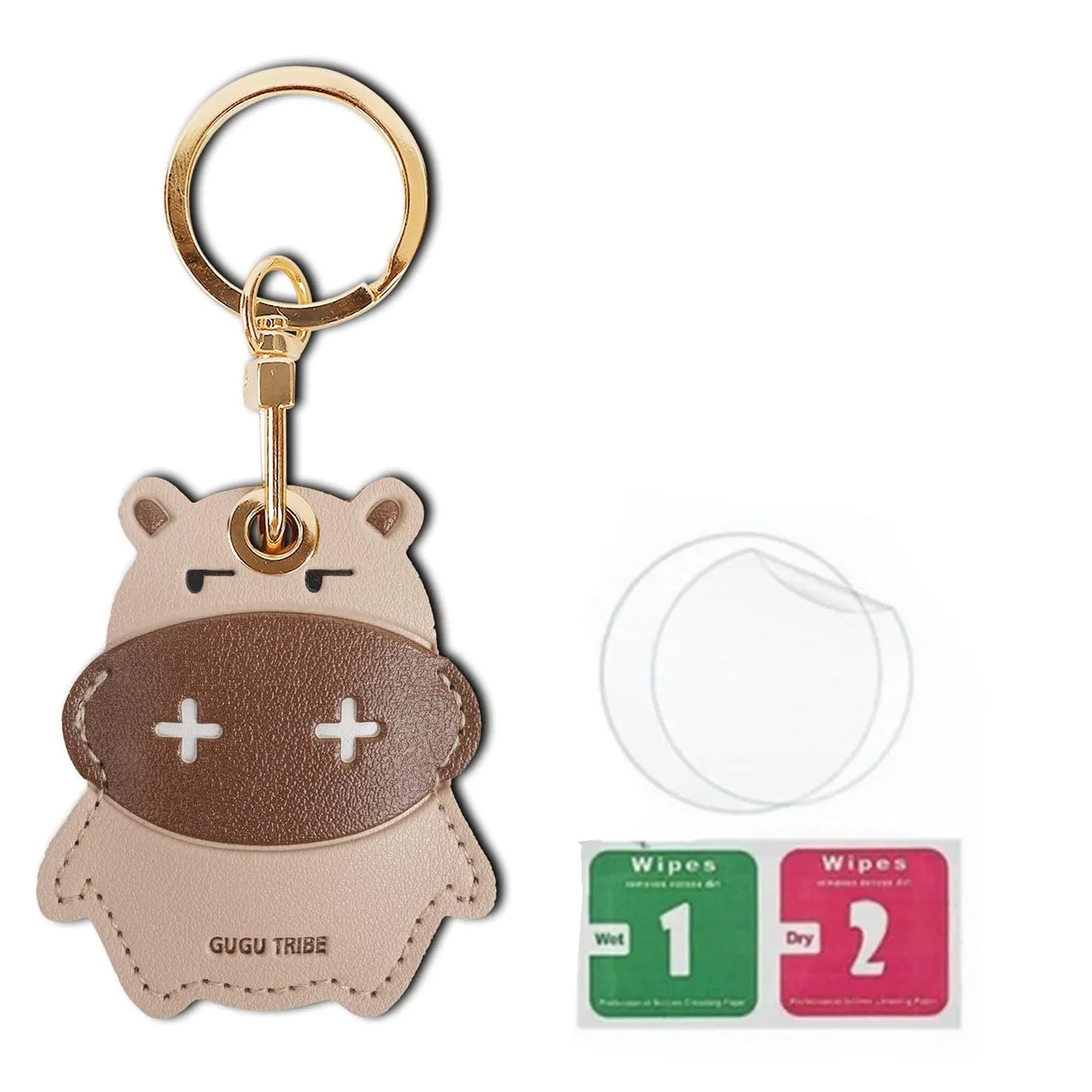 Brown bear AirTag leather keychain with hand straps and gold hardware
