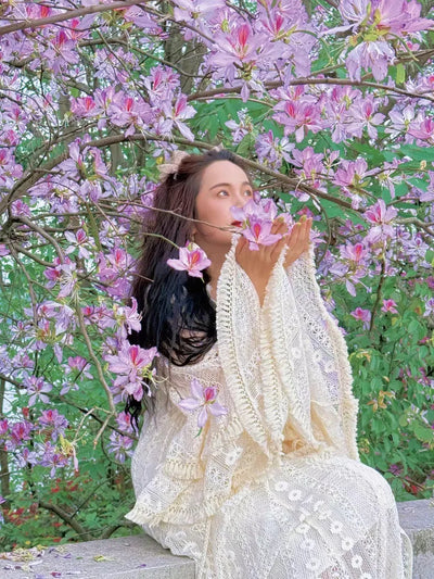 TIYIHAILEY Lace Embroidery Spring Women Dresses Full Flare Sleevev Beige Loose Ladies Clothing Fashion Long Maxi 2025 2pcs New