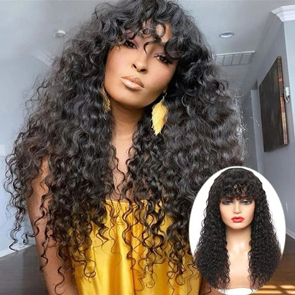 Cheap Deep Curly Brazilian Human Hair Wig with Bangs Machine Made Wigs for Women Human Hair Water Wave Wigs On Sale Promotion