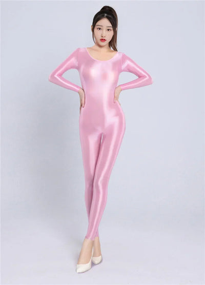 Women's Sexy Yoga Shaper Jumpsuit Dance SM Wear Oil Glossy High Elastic Long Sleeves Bodysuit Sheer Slip Satin Slimming Tights