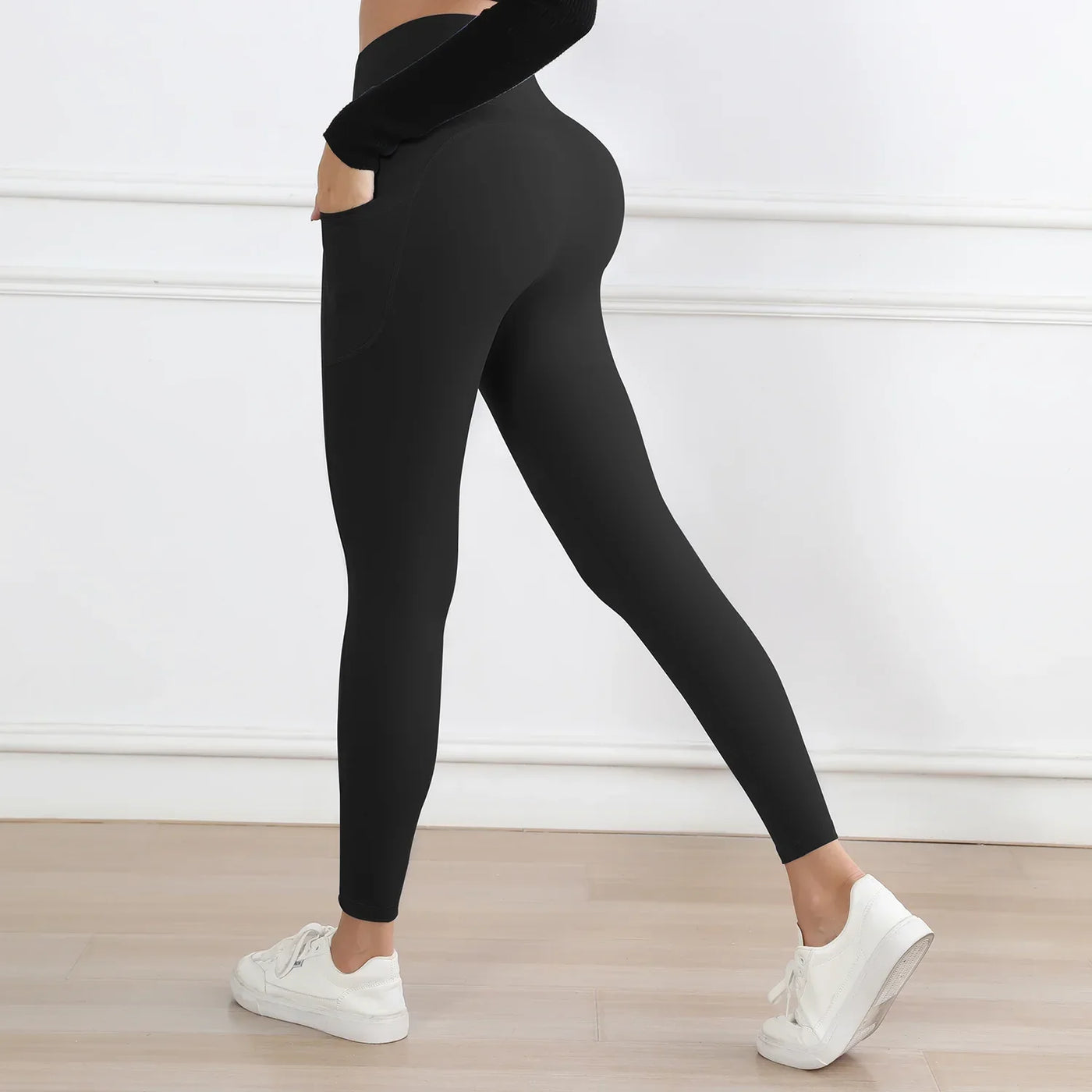 Women Leggings with Pockets Tummy Control Solid Color