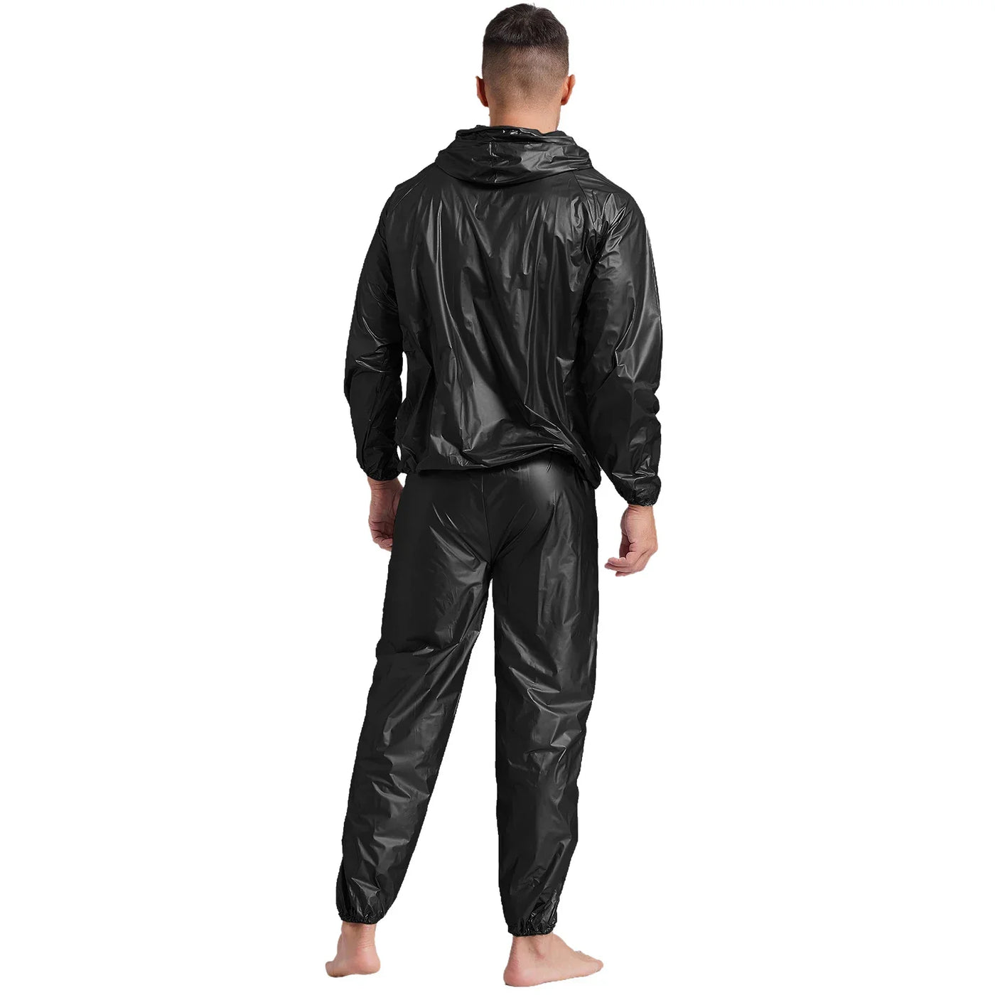 Mens Sauna Sweat Outfit Long Sleeve Hooded Jacket Outerwear and Elastic Waist Long Pants PVC Sweating Suit for Gym Workout