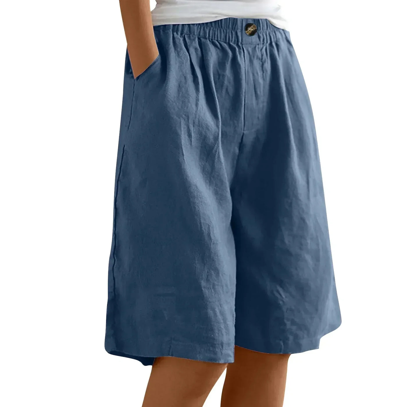 Women's Fashion Solid Color Cotton Linen Shorts - Loose Elastic Waist Capris with Pocket and Button Up Design