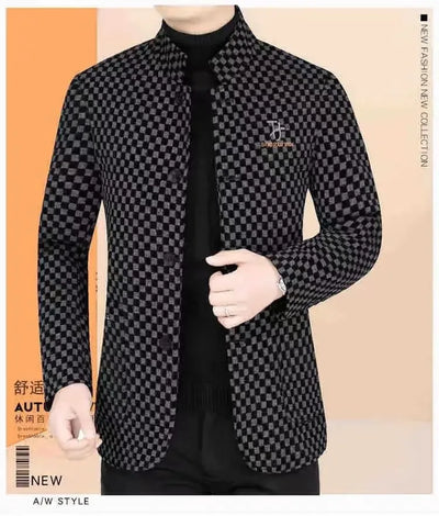 High Quality Men's Blazers Business Casual Stand Collar Woolen Jacket Classic Plaid Retro Versatile Tops Streetwear Coats